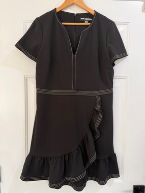 Karl Lagerfeld Black Short-Sleeve Notch-Neck Ruffle Dress